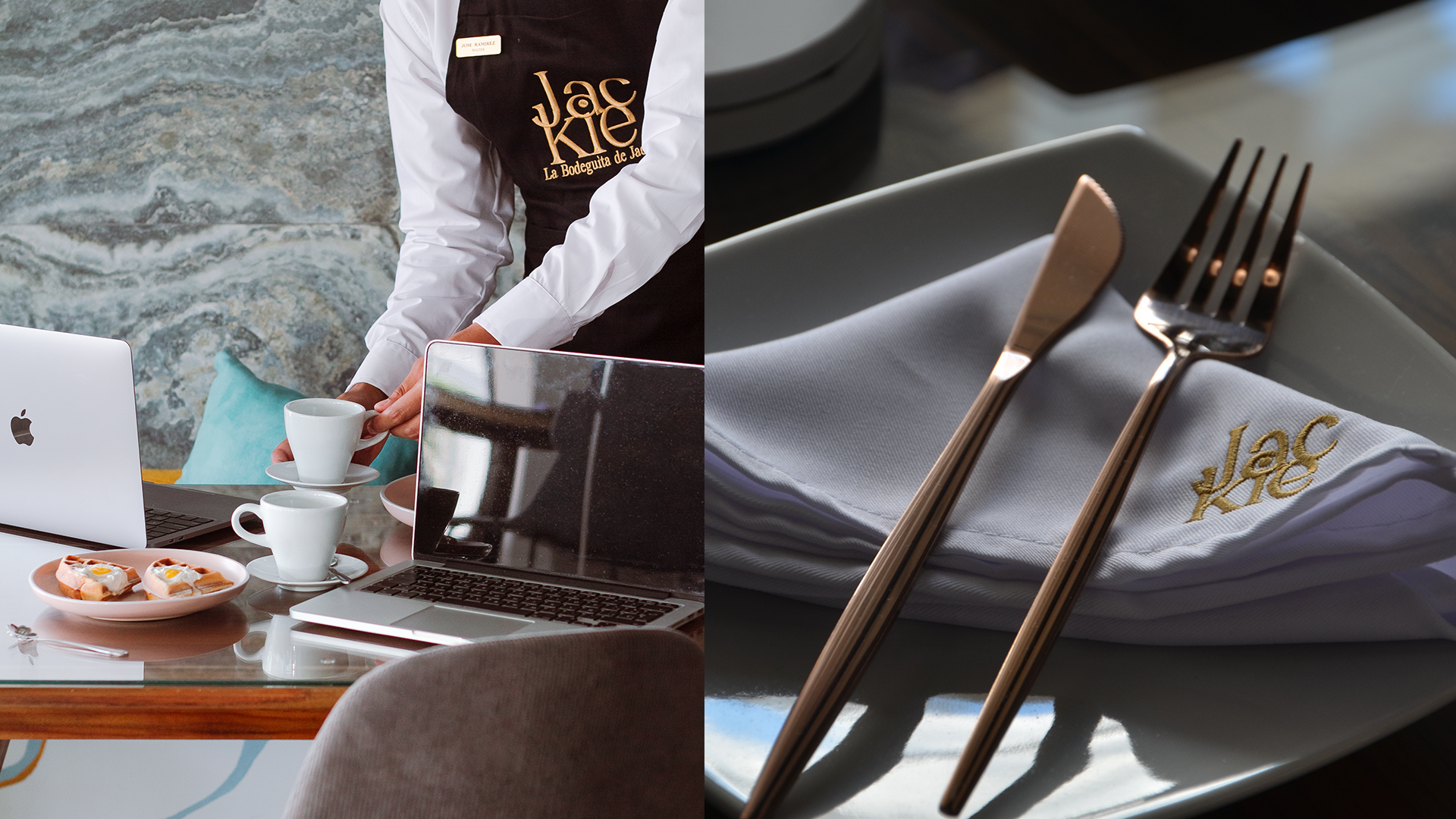 Muestra del logo bordado tanto en un delantal como en una servilleta de tela para restaurante.